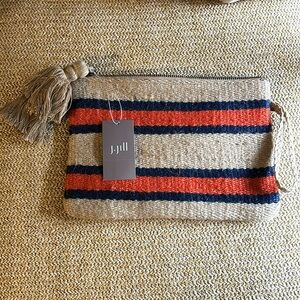 NWT J. Jill Jute Clutch Wristlet tan blue orange Tassels zip close 10”L x 7”H